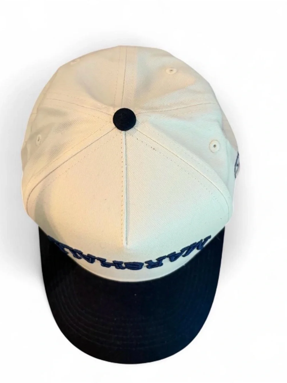 Marshall upside-down logo snapback hat cream + navy blue two tone baseball cap